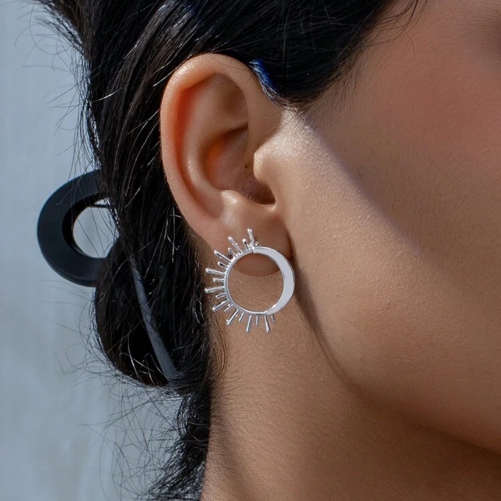 Silver Sunburst Hoop Earrings Statement Modern Design 3/$30